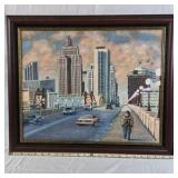 Framed City Street Painting – Urban Skyline Bridge Scene Artwork