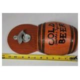 Barrel Style Wall Mount Bottle Opener with Cap Catch
