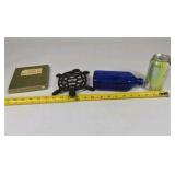Cobalt Blue Bottle, Cast Iron Trivet, and Tool Set Lot