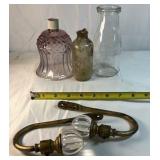 Mixed Glass Bottles and Curtain Tieback Hooks Lot