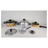 Vintage Floral and Aluminum Cookware Set Including Casserole Dish and Saucepan