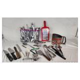 Assorted Vintage Kitchen Utensils including Sift-Chine Sifter, Grater, and Knives