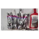 Assorted Vintage Kitchen Utensils including Sift-Chine Sifter, Grater, and Knives