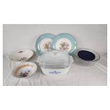 Vintage Kitchenware Including CorningWare Casserole, Pyrex Bowl, and Floral Dishware