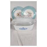 Vintage Kitchenware Including CorningWare Casserole, Pyrex Bowl, and Floral Dishware