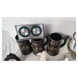 Assorted Vintage Collectible Items including Uncle Sam Mug, Decorative Plates, and Figurines