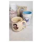 Assorted Vintage Collectible Items including Uncle Sam Mug, Decorative Plates, and Figurines