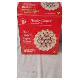 Holiday lighting collection including GE Holiday Classics 100 Lights Super Sphere, Enchanted Forest Globe Light, and LED light sets