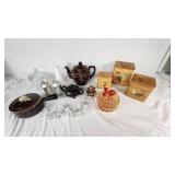 Vintage Kitchenware including Japan Teapots, Glassware, and Wooden Canisters including Jeanette Amberina Swan Glass Trinket Box