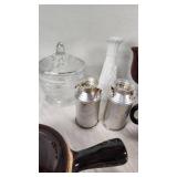 Vintage Kitchenware including Japan Teapots, Glassware, and Wooden Canisters including Jeanette Amberina Swan Glass Trinket Box