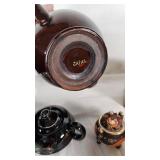 Vintage Kitchenware including Japan Teapots, Glassware, and Wooden Canisters including Jeanette Amberina Swan Glass Trinket Box