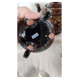 Vintage Kitchenware including Japan Teapots, Glassware, and Wooden Canisters including Jeanette Amberina Swan Glass Trinket Box