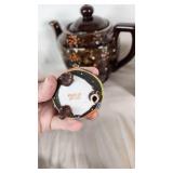 Vintage Kitchenware including Japan Teapots, Glassware, and Wooden Canisters including Jeanette Amberina Swan Glass Trinket Box