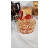 Vintage Kitchenware including Japan Teapots, Glassware, and Wooden Canisters including Jeanette Amberina Swan Glass Trinket Box