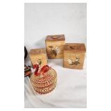 Vintage Kitchenware including Japan Teapots, Glassware, and Wooden Canisters including Jeanette Amberina Swan Glass Trinket Box