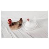 Ceramic Chicken Decor and Milk Glass Hen on Nest Dish