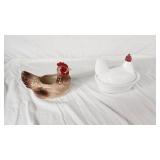 Ceramic Chicken Decor and Milk Glass Hen on Nest Dish