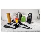 Hamilton Beach Electric Can Opener, GE Stainless Steel Percolator, and Kitchen Utensils Set