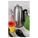 Hamilton Beach Electric Can Opener, GE Stainless Steel Percolator, and Kitchen Utensils Set