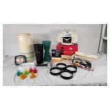 Vintage Veg-O-Matic Food Preparer and Kitchen Items Lot including Thermos, Egg/Pancake Ring Set, and Clips