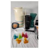 Vintage Veg-O-Matic Food Preparer and Kitchen Items Lot including Thermos, Egg/Pancake Ring Set, and Clips