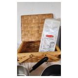 Assorted Kitchenware Items Including Mirro and Revere Ware Pots, T-fal Pan, Rubbermaid Ice Cube Tray, and Decorative Canister