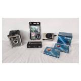 Ansco Shur Shot Camera, Kodak Tele-Instamatic 608 Camera, and Vivitar PN2011 Camera with Flip Flash II and Scotch Audio Cassettes