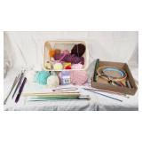Yarn and Knitting Supplies Lot including Bernat Yarn, Circular Needles, and Crochet Hooks