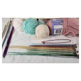 Yarn and Knitting Supplies Lot including Bernat Yarn, Circular Needles, and Crochet Hooks