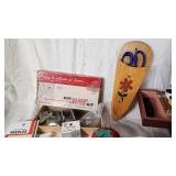Sewing Supplies including Wooden Sewing Box, Needle Sets, Patterns, and Accessories