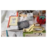 Sewing Supplies including Wooden Sewing Box, Needle Sets, Patterns, and Accessories