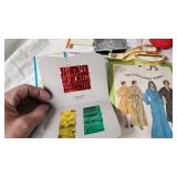 Sewing Supplies including Wooden Sewing Box, Needle Sets, Patterns, and Accessories