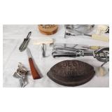 Lot of Vintage Kitchen Tools and Gadgets including Bun Size Wooden Hamburger Press, Potato Masher, and Egg Beater