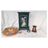 Decorative Wooden Cabinet, Bunny-Themed Box, and Miscellaneous Decor Items