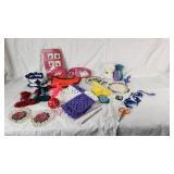 Crocheted/Knitted Items and Yarn, Hooks, Patterns, and Scissors