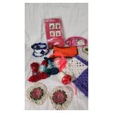 Crocheted/Knitted Items and Yarn, Hooks, Patterns, and Scissors
