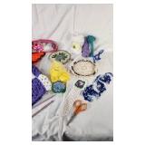 Crocheted/Knitted Items and Yarn, Hooks, Patterns, and Scissors
