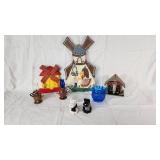 Various Decorative and Collectible Items Including Miniature Lamps, Windmill Art, and Figurines
