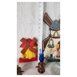 Various Decorative and Collectible Items Including Miniature Lamps, Windmill Art, and Figurines