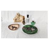 Horse-Themed Decorative Plates, Ceramic Horse Head, and Miniature Oil Lamps