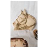 Horse-Themed Decorative Plates, Ceramic Horse Head, and Miniature Oil Lamps