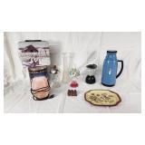 Metal Lunch Box with Farm Scene, Glass Vases, Thermos, and More Home Decor Items