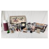 Home Decor and Collectibles Lot including Thermos, Clock, Figurines, and More