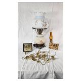 Antique Floral Glass Lamp, Taylor Hygrometer, and South Dakota Souvenir with Brass Hooks