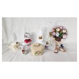 Assorted Vintage Home Decor Items including Hand-Painted Japan Shoe, Floral Plate, and Decorative Lamps