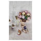 Assorted Vintage Home Decor Items including Hand-Painted Japan Shoe, Floral Plate, and Decorative Lamps