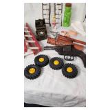 Vintage Toy and Model Train Accessories including Track, Ladders, and Vehicles