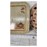 Ceramic Covered Dish, Serving Tray, and Woven Mats Set
