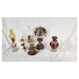 Collection of Vintage Oil Lamps with Colorful Glass and Metal Features