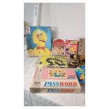 Vintage Board Games and Puzzles including Milton Bradley Password, Connect Four, and Big Bird Puzzle
